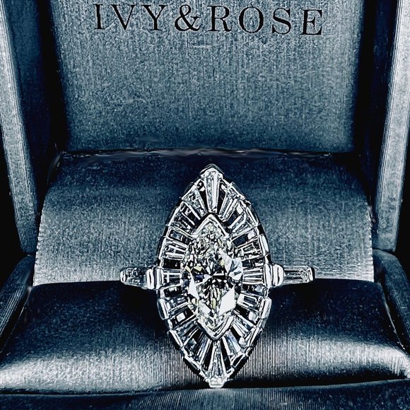 - 1.96ct VINTAGE MARQUISE CUT H SI1 DIAMOND CERTIFIED RETRO OVAL COCKTAIL RING - - Picture 3 of 11